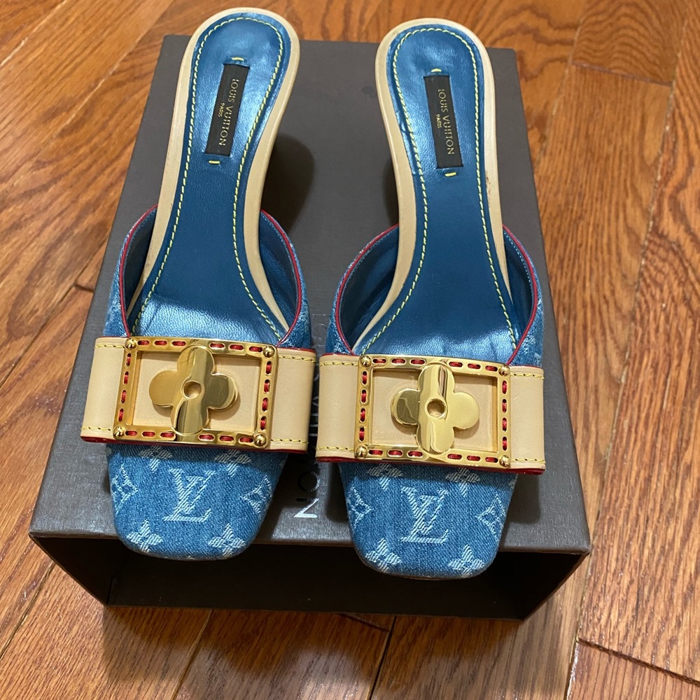 LV Demin Kitten Heel Slide with Gold Clover